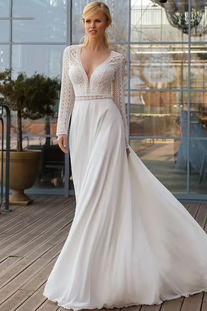Long Sleeve Lace Train Wedding Dress
