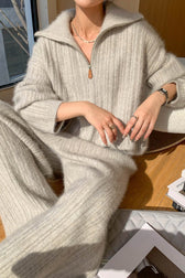 Half Zip Polo Sweater Wide Pants Knit Set