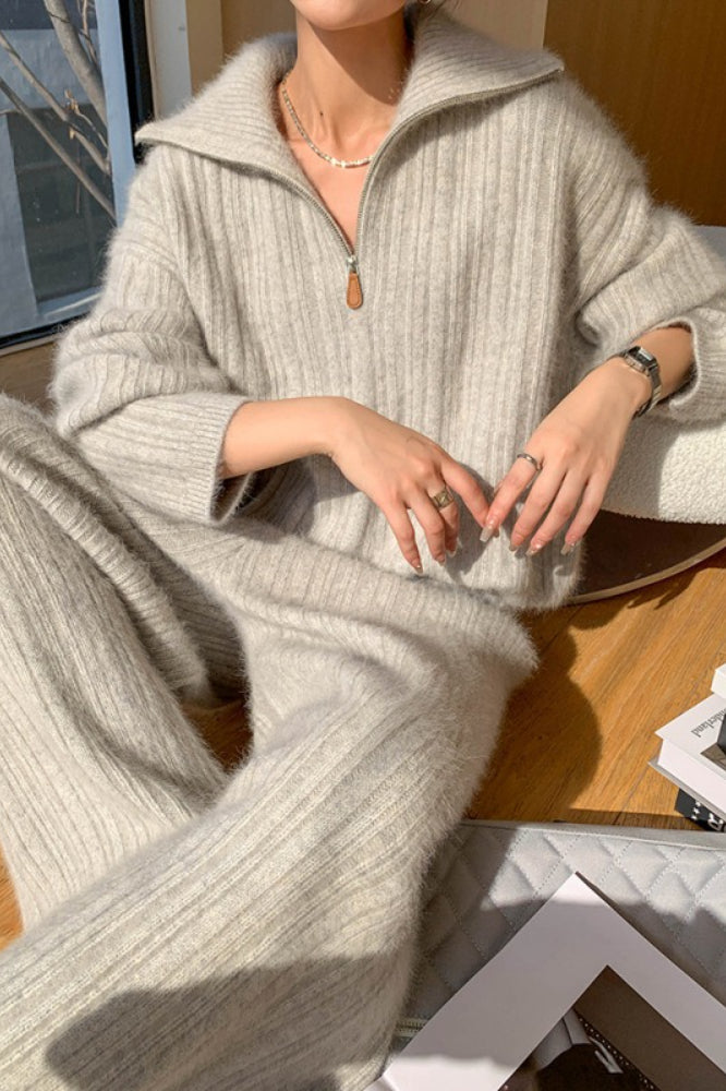 Fuzzy Ribbed Knit Half Zip Collared Sweater and Wide Leg Pants Two Piece Set
