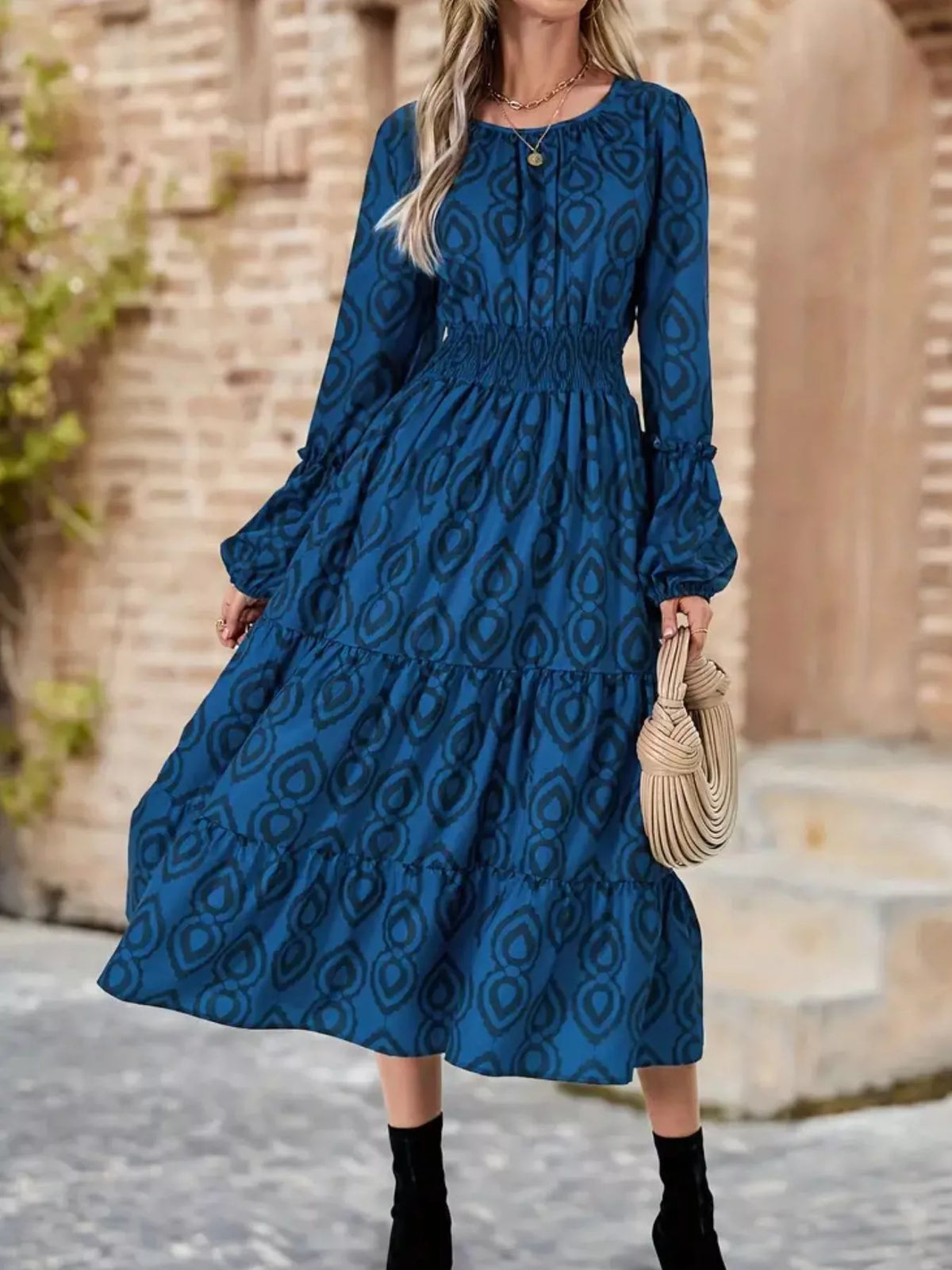 Geometric Print Smocked Waist Balloon Sleeve Tiered Midi Dress 3