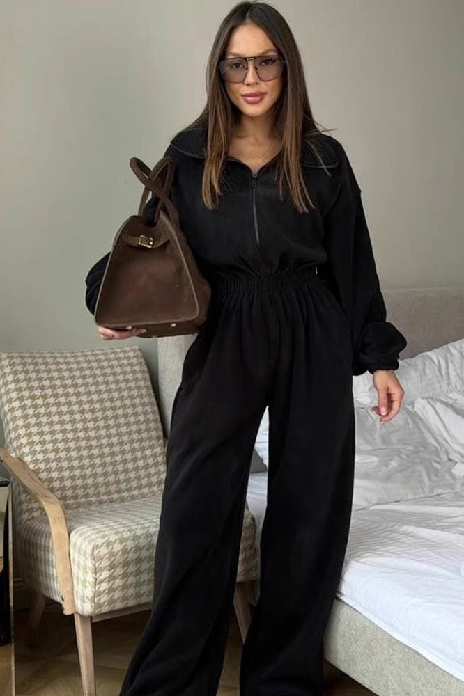 Collared Half Zip Long Sleeve Shirred Waist Wide Leg Jumpsuit