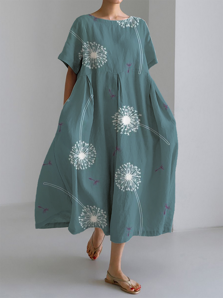 Dandelion Print Round Neck Short Sleeve Pocket Midi Dress