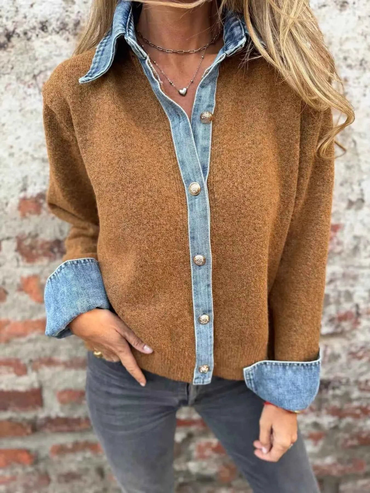 Denim-Look Collar and Cuff Trim Button Front Knit Cardigan