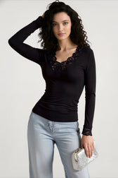Vintage Lace Patchwork Fairy Grunge V Neck Long Sleeve Slim Fit Black T-shirts