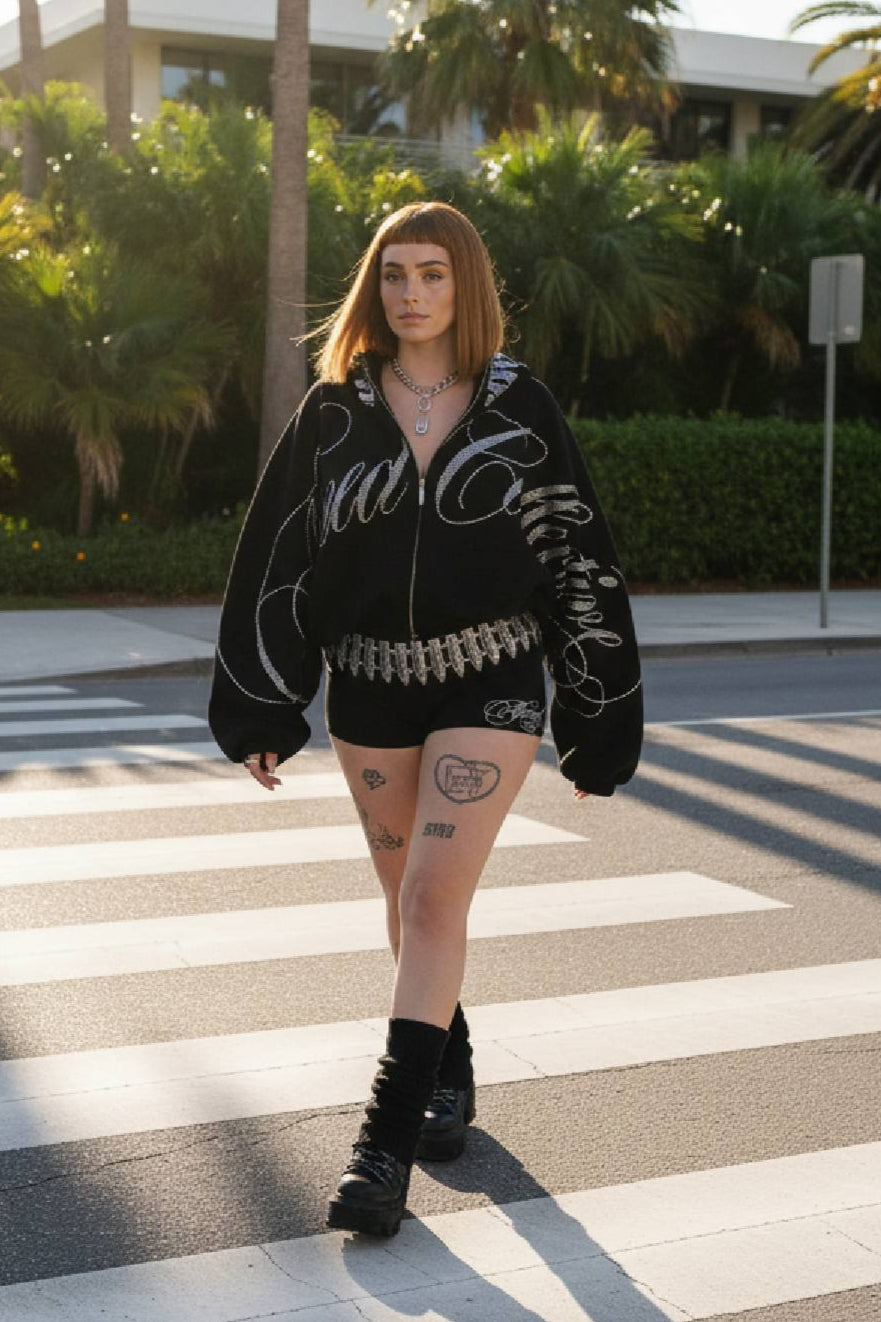 Hip Hop Letters Rhinestone Zipper Hoodie