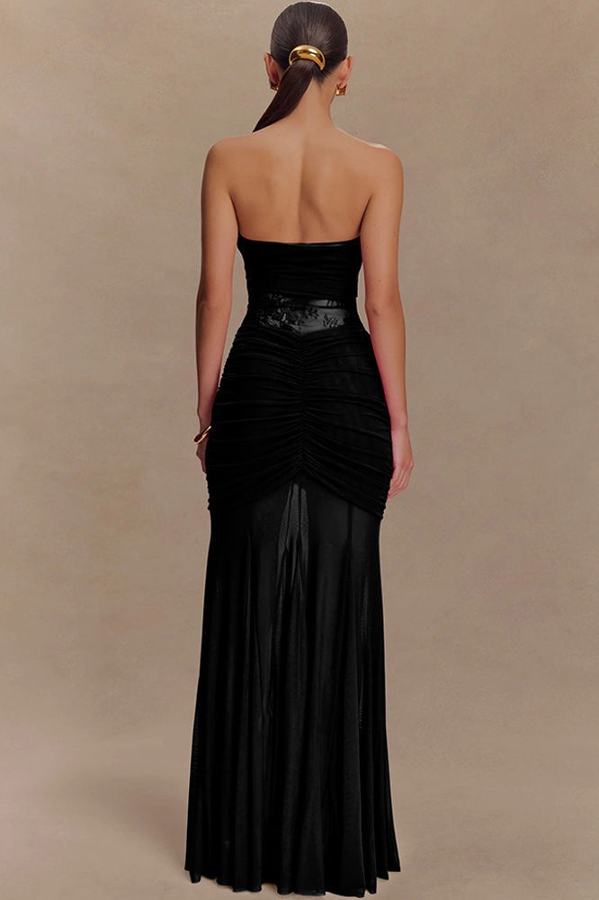 Lace Strapless Ruching Hollow Slim Long Lace Dress