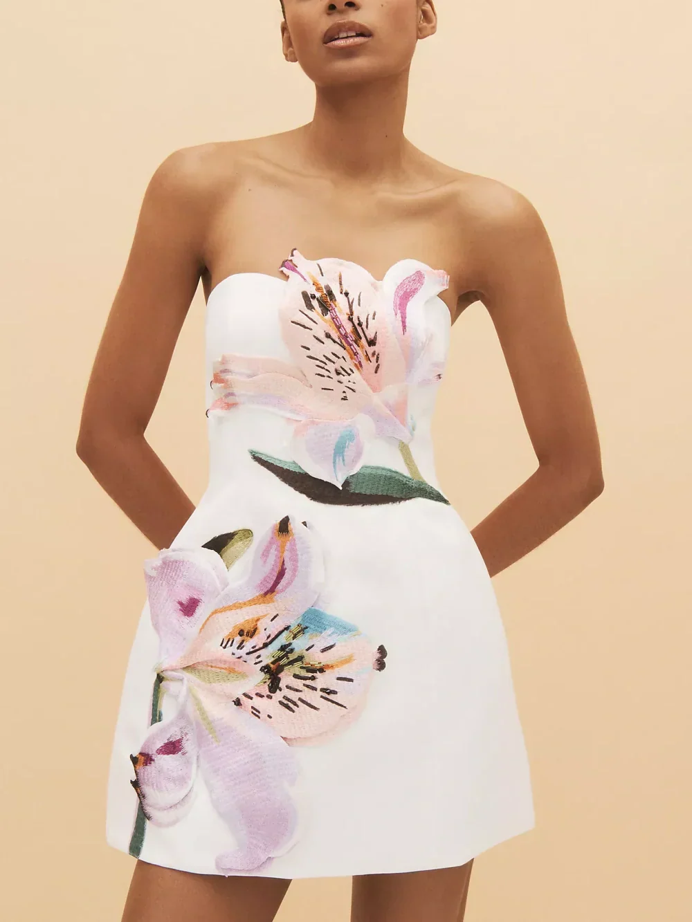 Floral embroidered tube top mini dress White