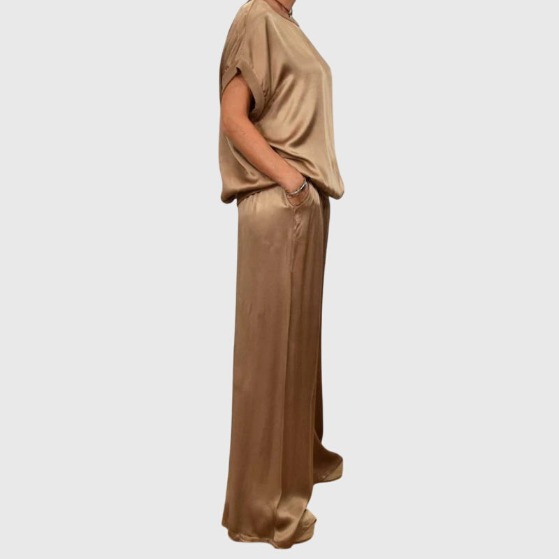 Short Sleeve Boxy Top and Drawstring Wide Leg Pants Two Piece Set