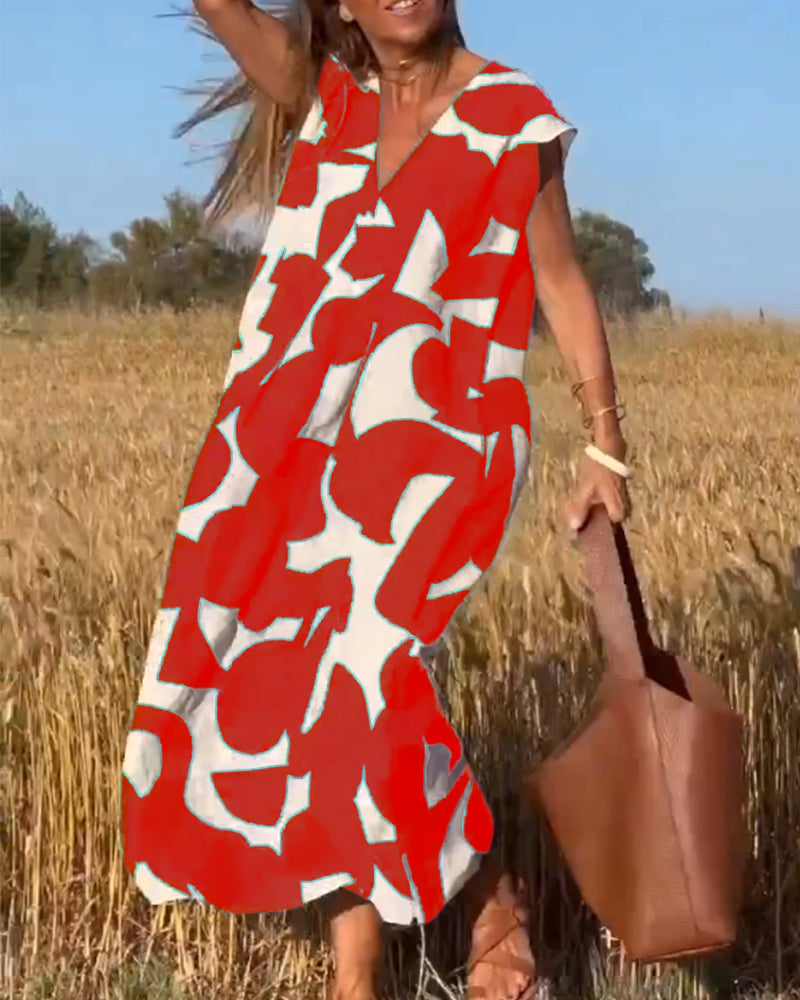 Abstract Print V-Neck Cap Sleeve Oversized Maxi Dress