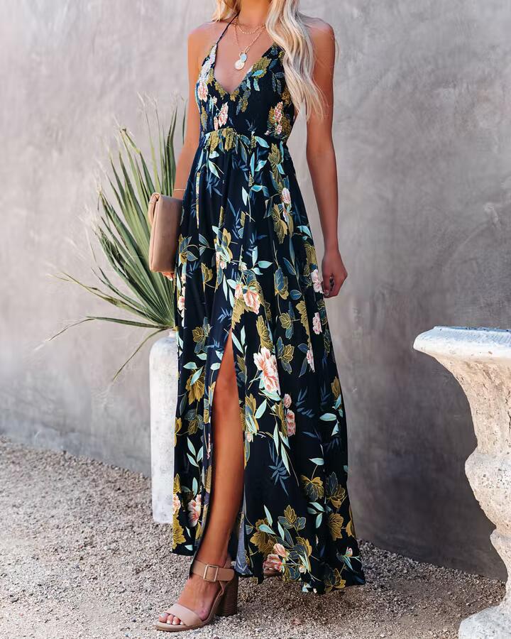 Floral Print Halter V-Neck Backless High Split Maxi Dress 4