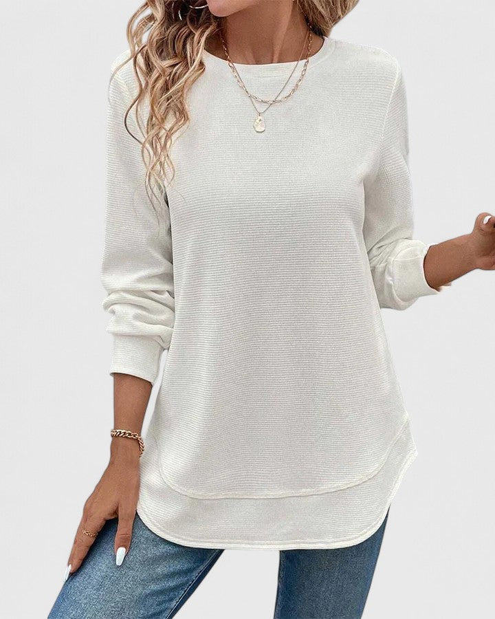 Crew Neck Long Sleeve Waffle Knit Curved Hem Top