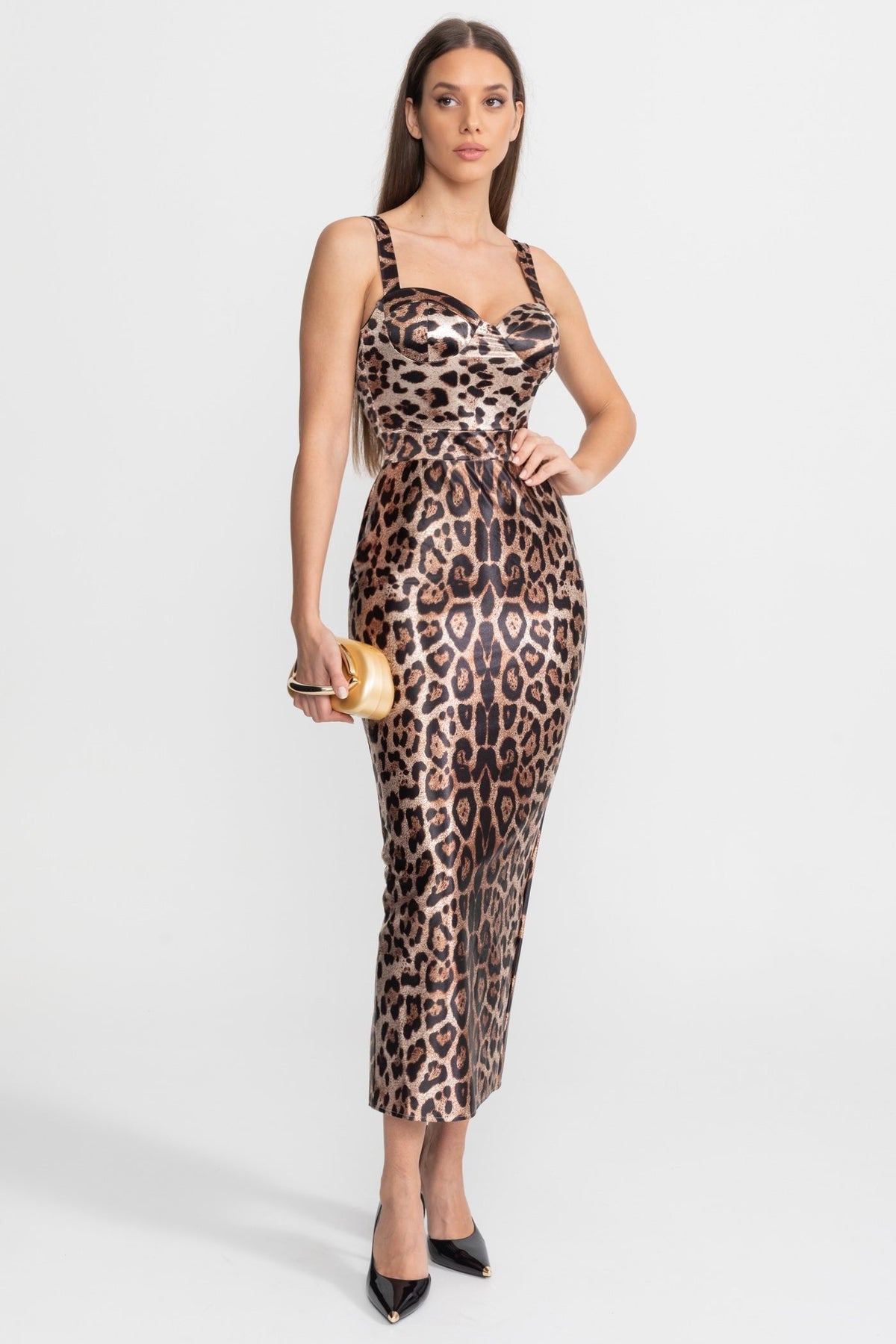 Leopard Print Satin Sweetheart Neck Bustier Bodycon Midi Dress