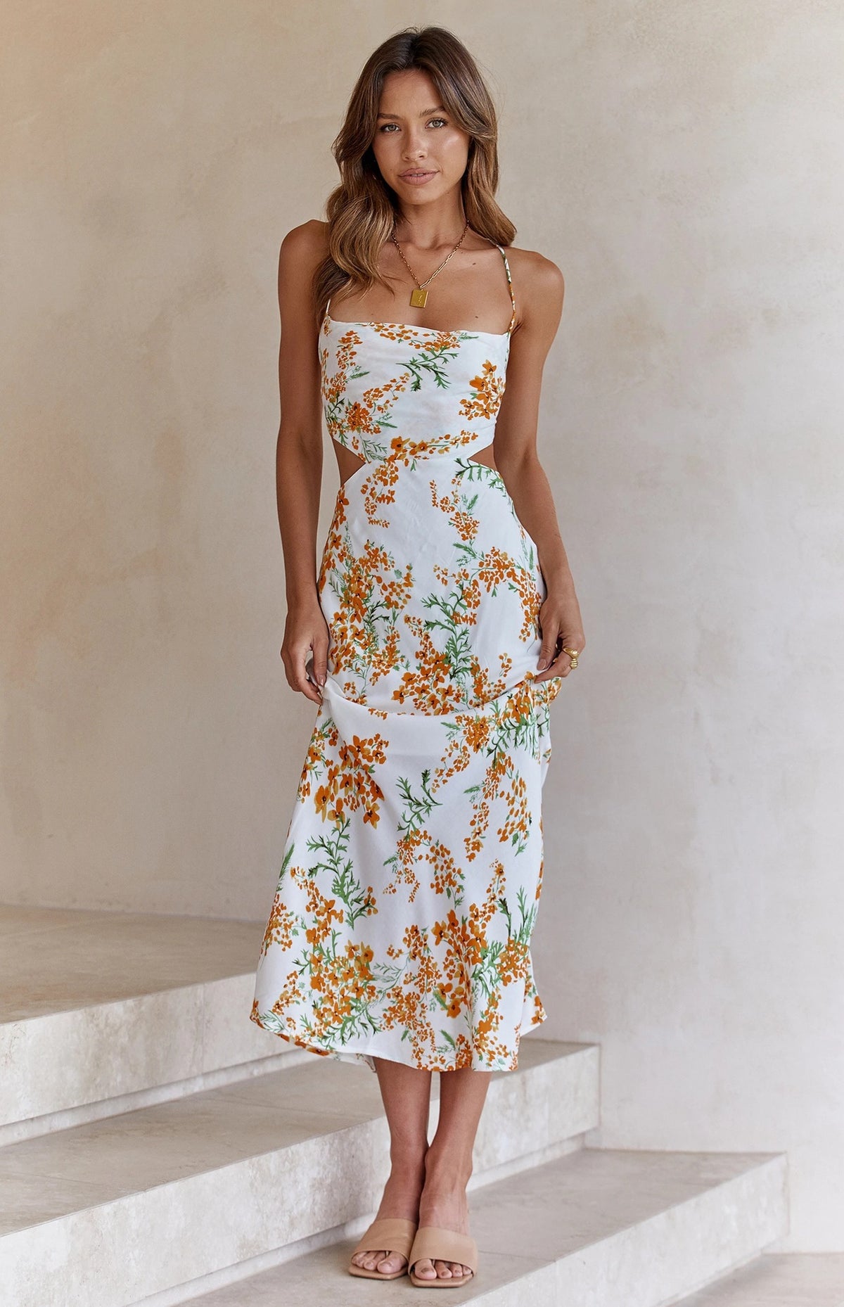 Spring Summer Small Floral Print Backless Lace-up Sweet Spaghetti-Strap Dress