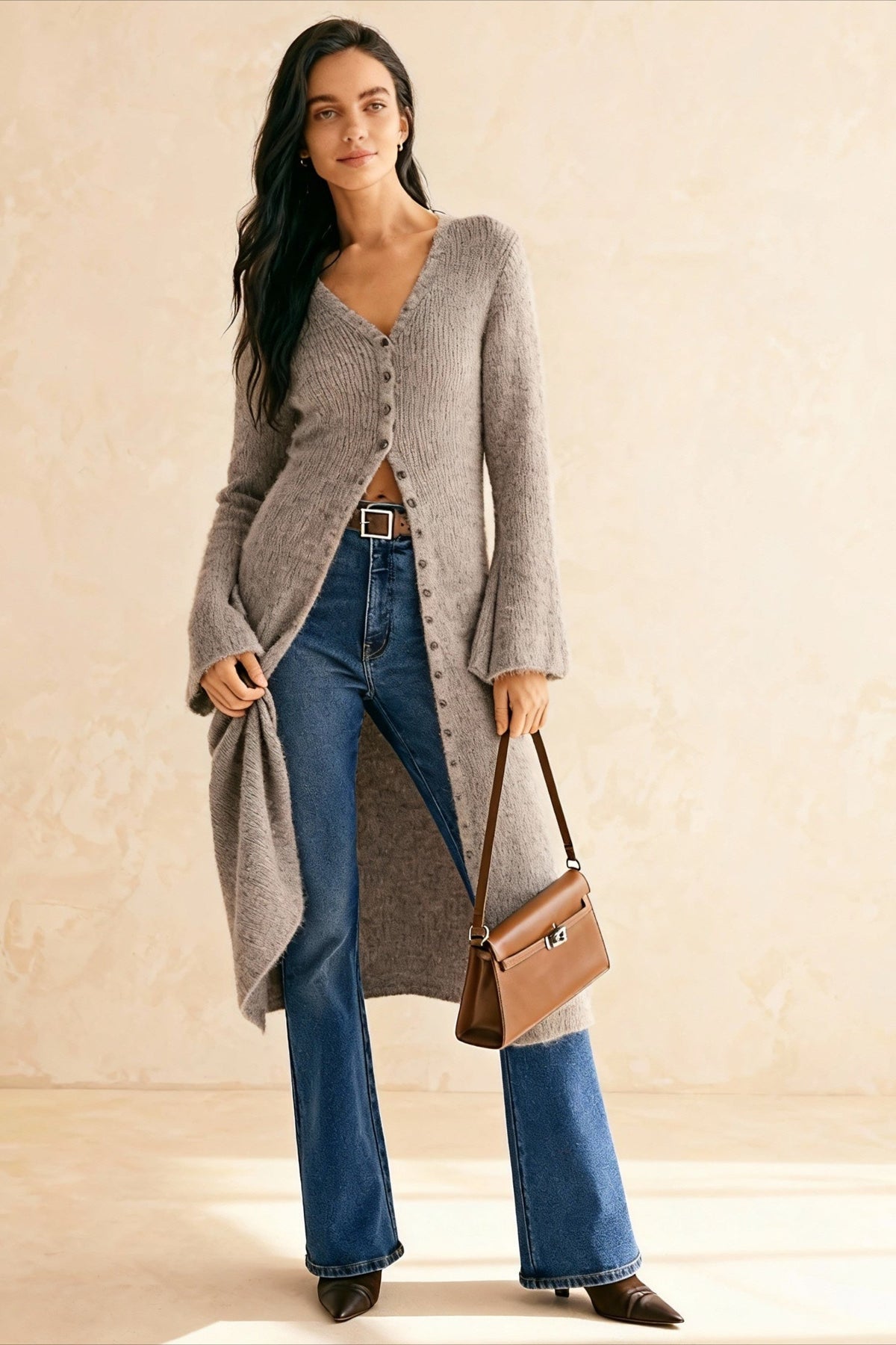 V-Neck Bell Sleeve Button Front Longline Fuzzy Knit Cardigan 3