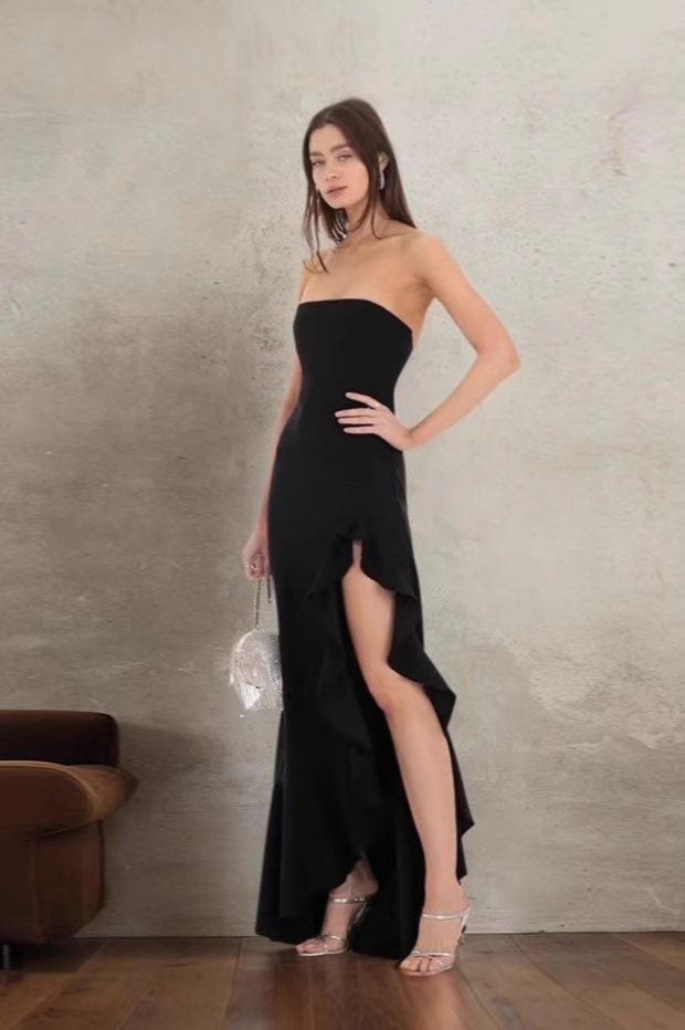 Strapless Ruffle High Slit High Low Maxi Dress