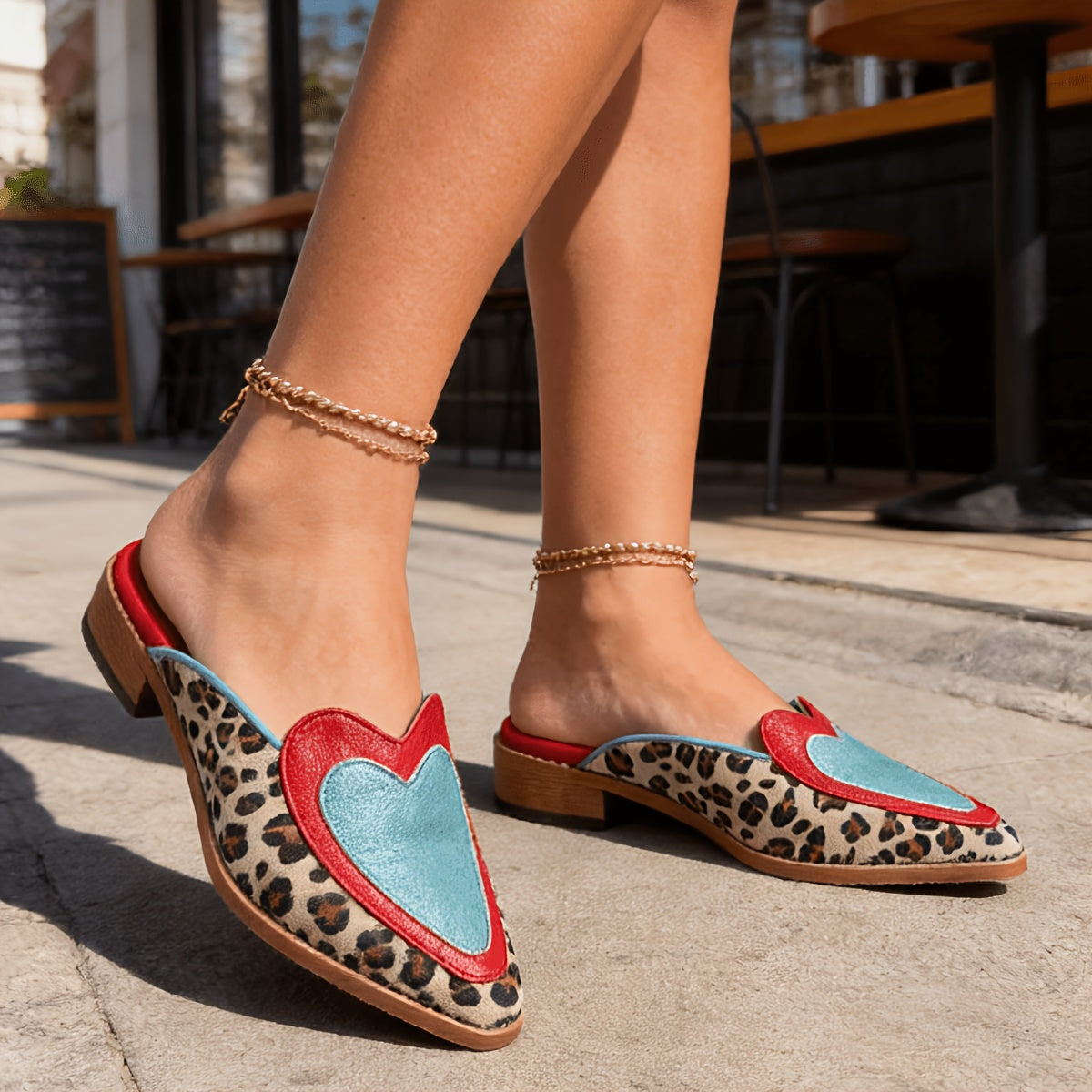 Pointed Toe Heart Applique Leopard Print Backless Mules