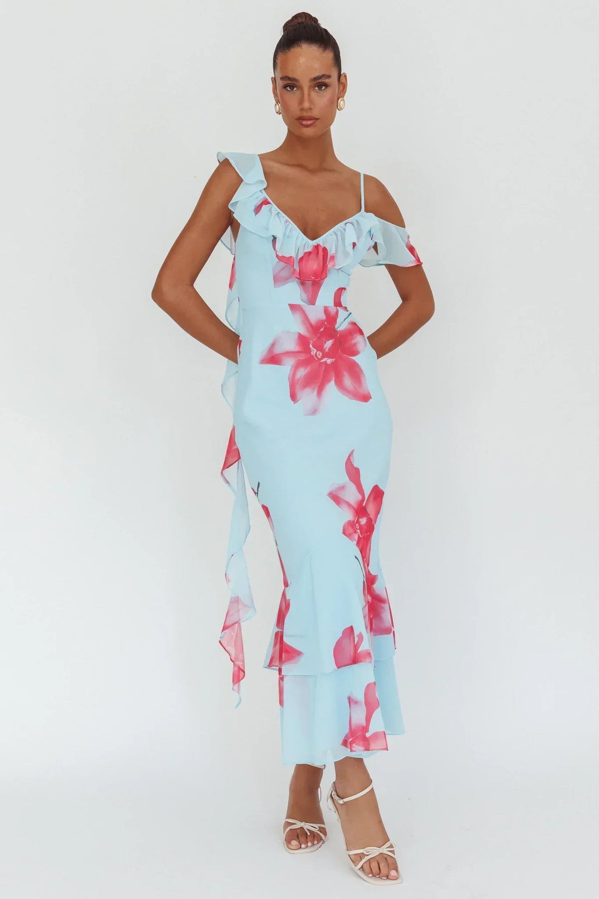 Floral Print Chiffon Ruffle Trim V-Neck Asymmetric Strap Mermaid Maxi Dress