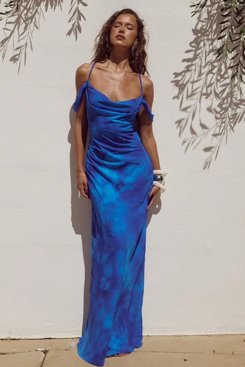 Tie Dye Print Cowl Neck Off Shoulder Strap Ruched Maxi Dress