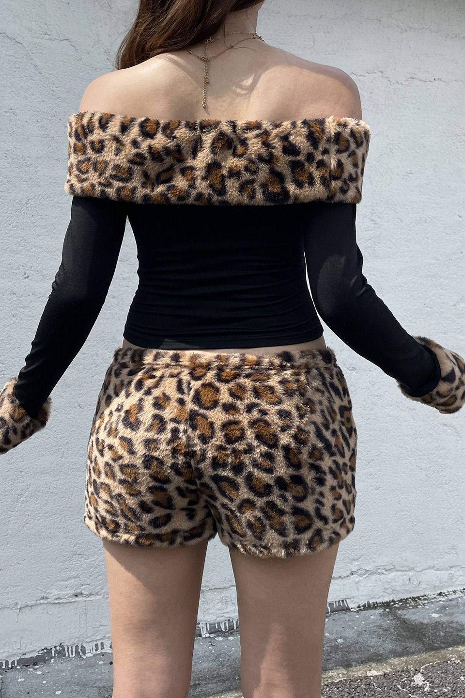 Fuzzy Paneled Leopard Print Off Shoulder Crop Top