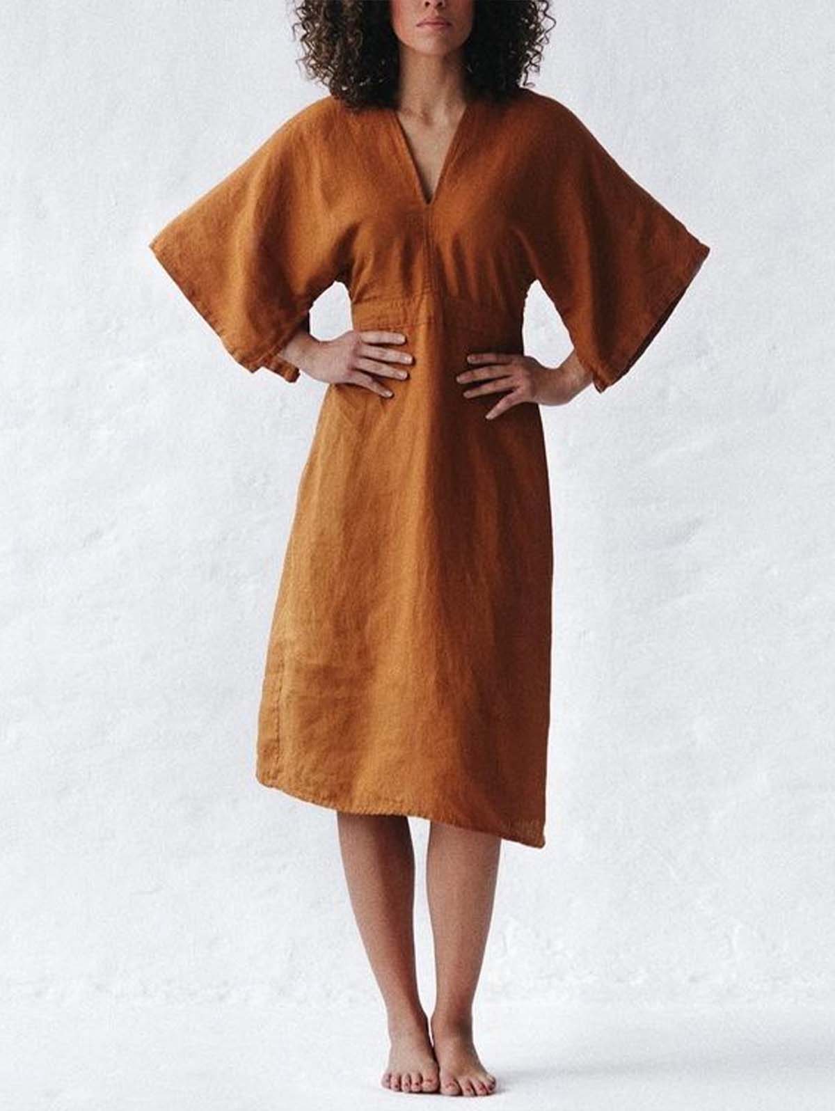 Deep V-Neck Kimono Sleeve Belted Waist A-Line Midi Dress