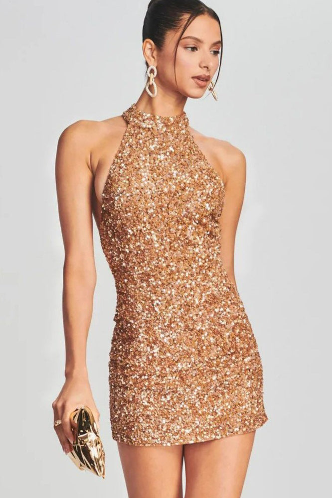 Sequin Halter Neck Backless Ruched Bodycon Mini Party Dress 2