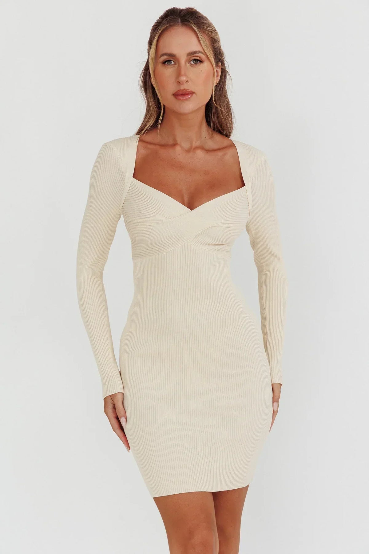 Ribbed Knit Sweetheart Neck Crossover Bust Long Sleeve Bodycon Mini Dress