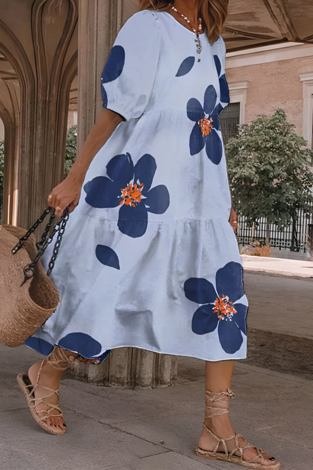 Leaf Print Short Sleeve Tiered Midi Dress