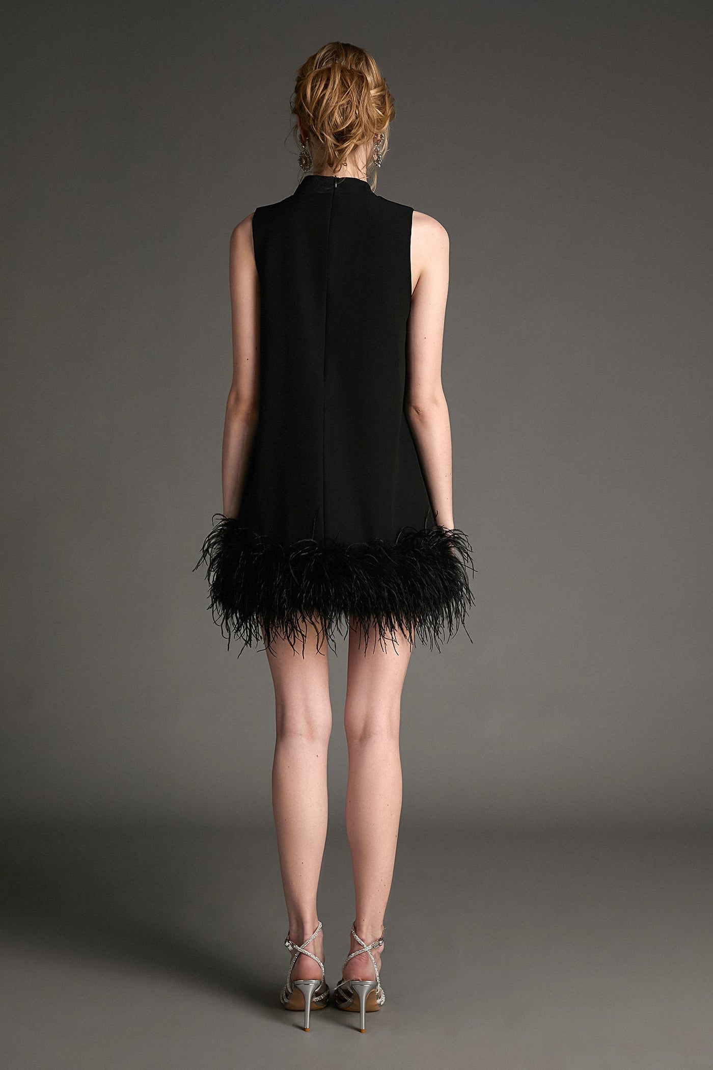Black Sleeveless Mock Neck Feather-Trimmed Mini Dress - View 4