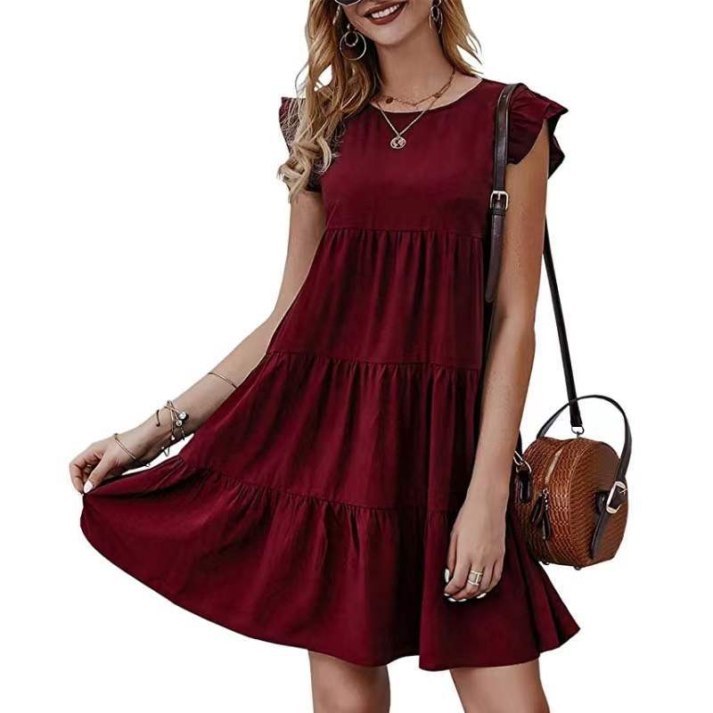 Round Neck Flutter Sleeve Tiered Swing Mini Dress 2