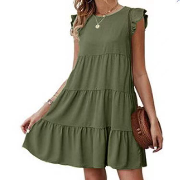 Round Neck Flutter Sleeve Tiered Swing Mini Dress 3
