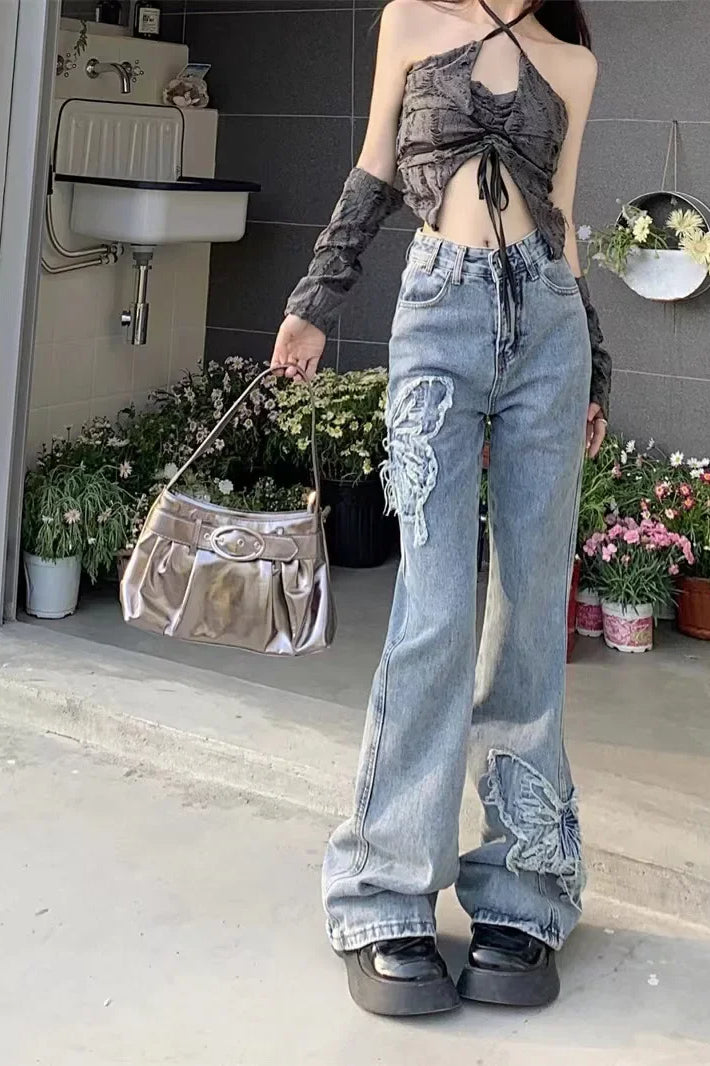 Washed Butterfly Embroidered Flared Jeans