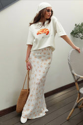 Draped Floral Print Satin Skirt