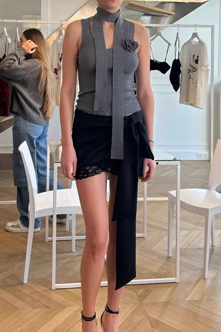 Satin Lace Bow Asymmetric Skirt