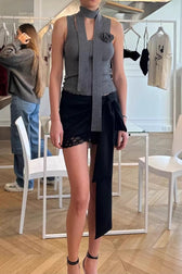 Satin Lace Bow Asymmetric Skirt