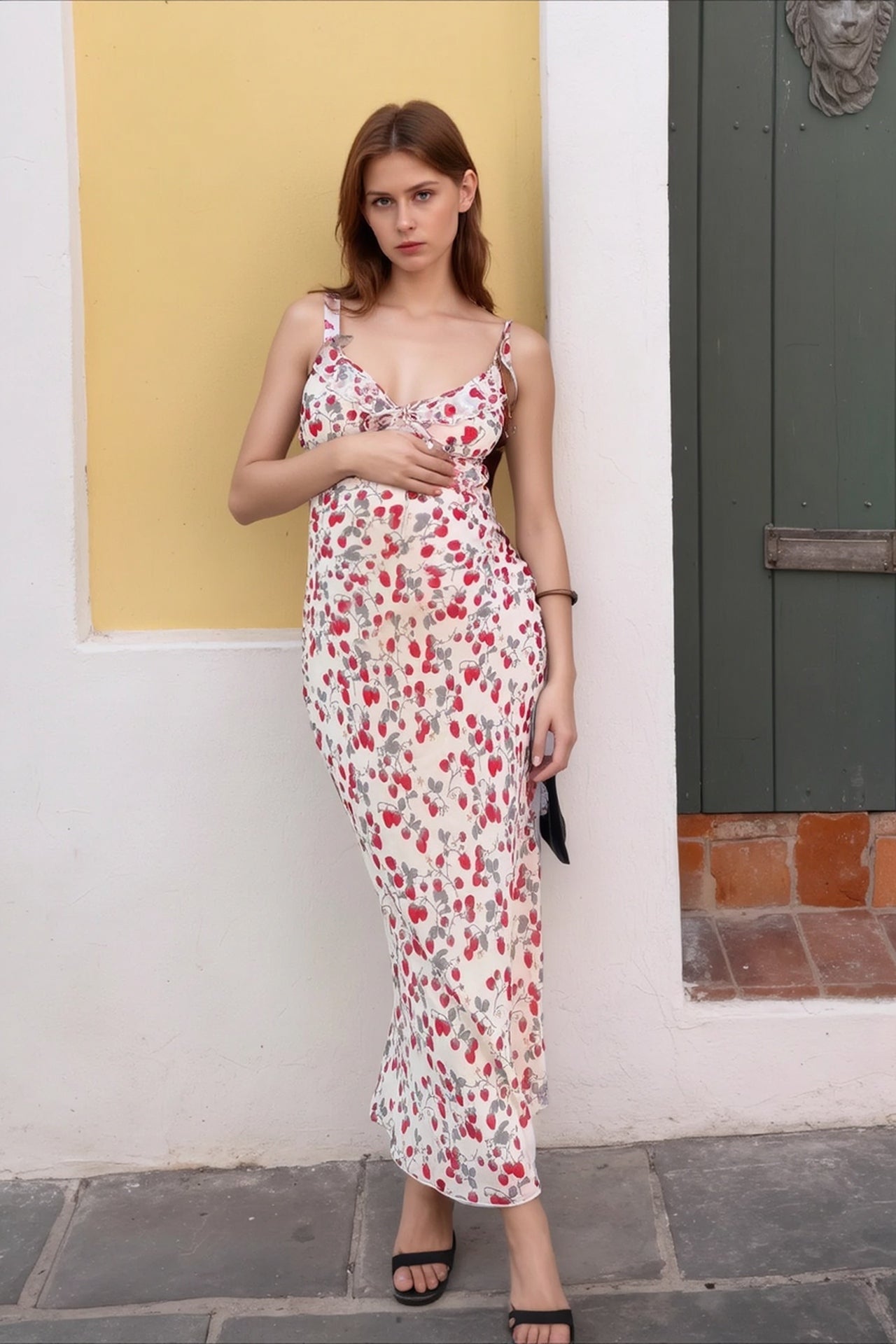 Cherry Floral Curve Fit Long Slip Dress
