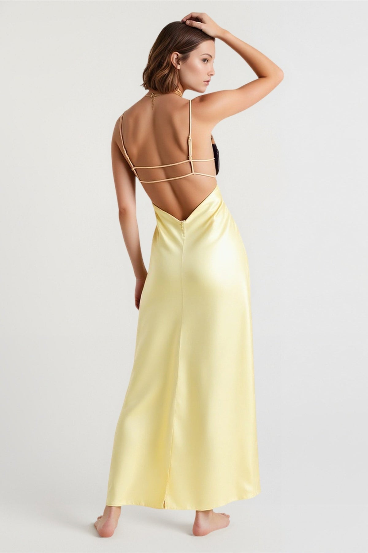 Satin V-Neck Spaghetti Strap Bias Cut Slip Maxi Dress 4