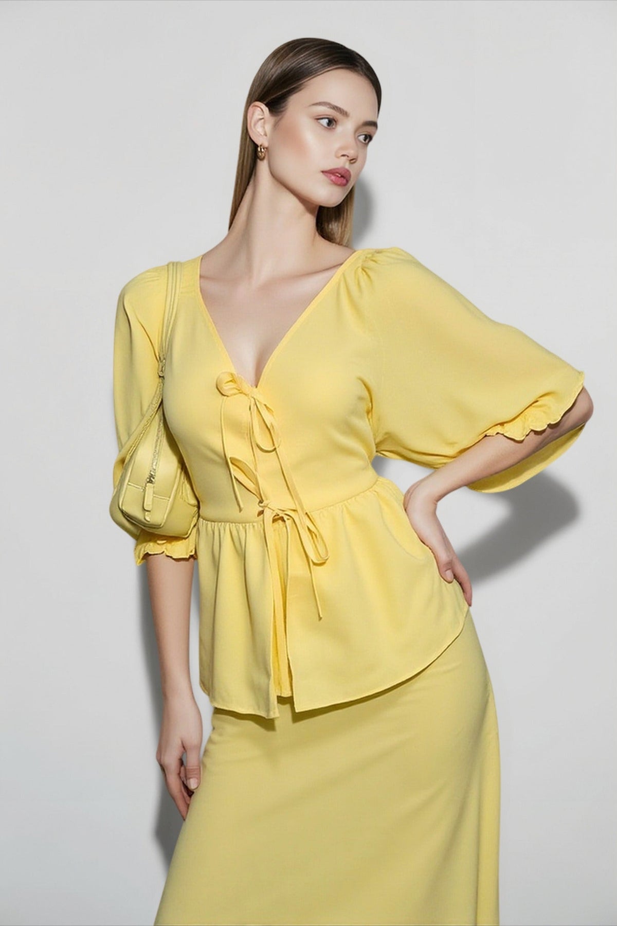 Puff Sleeve Tie Front Peplum Top and Midi Skirt Two Piece Set 2