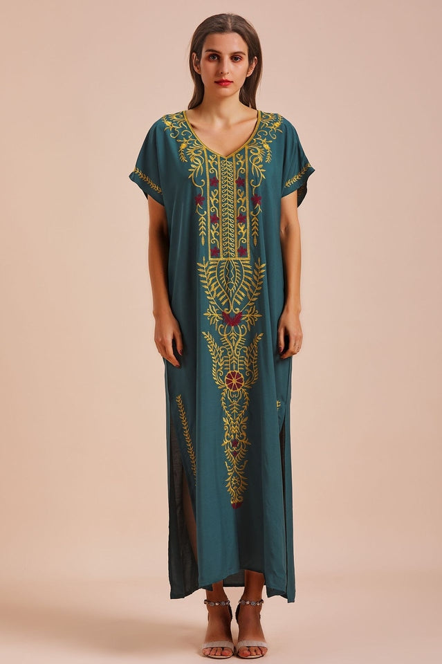 Embroidered V-Neck Short Sleeve Kaftan Maxi Dress 16