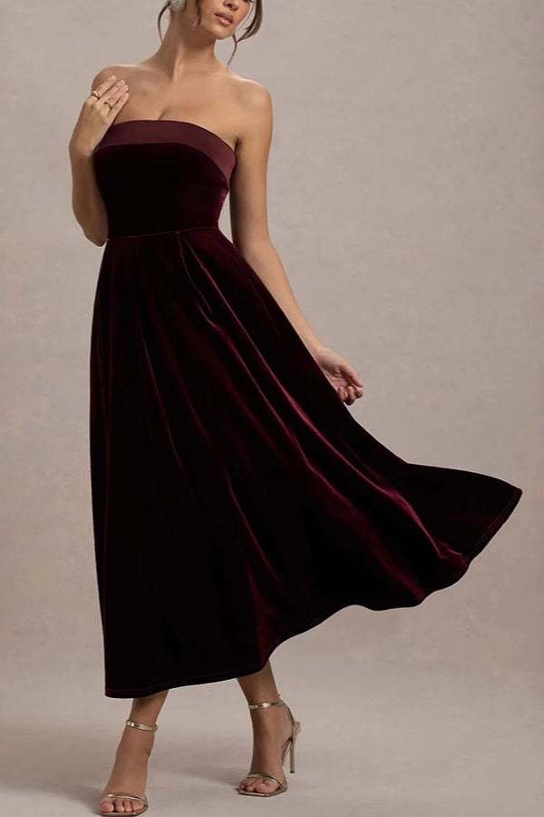 Velvet Strapless Fit and Flare A-Line Midi Dress