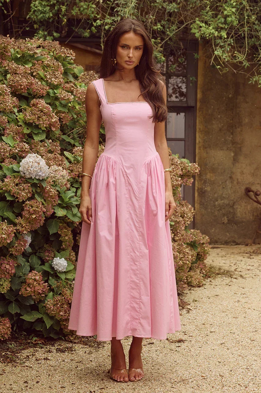 Square Neck Stitch Trim Drop Waist Pleated Midi Dress