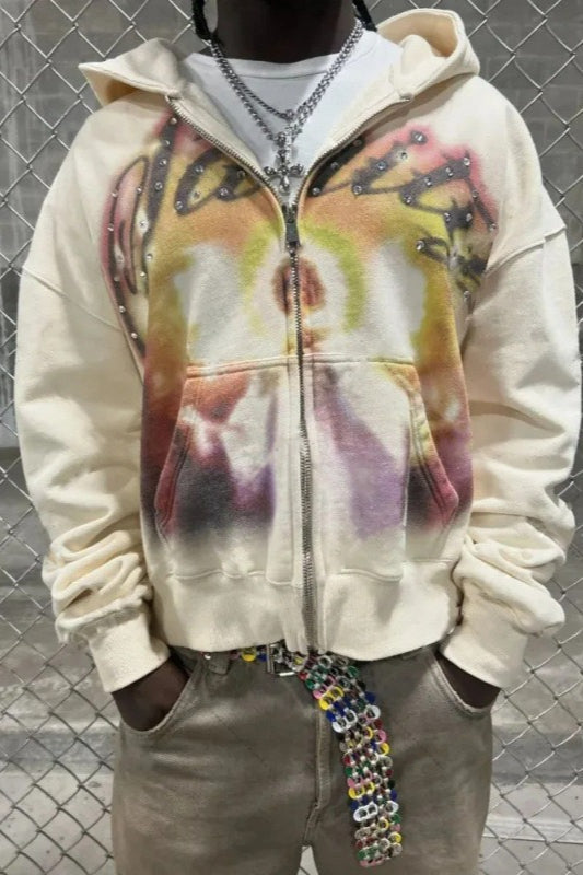 Studded Airbrush Graphic Print Kangaroo Pocket Zip Up Hoodie