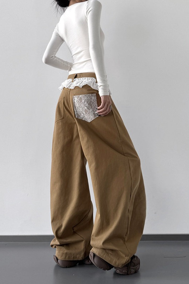 High Waist Lace Paneled Straight Wide Leg Floor Length Jeans