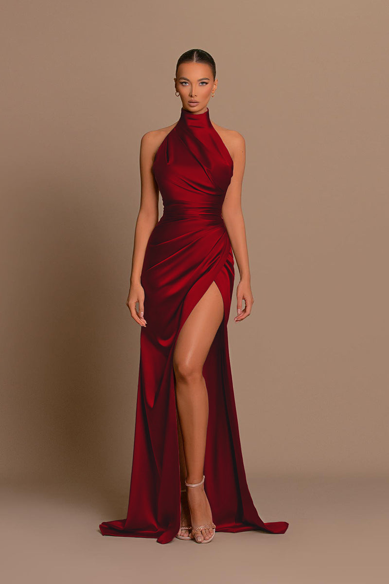 L1442 - High Neck Halter Ruched Satin Long Prom Evening Formal Dress With Slit