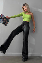 High Waist Flared Leather Casual Pants