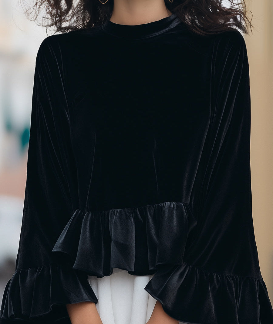 Mock Neck Bell Sleeve Ruffle Hem Velvet Top