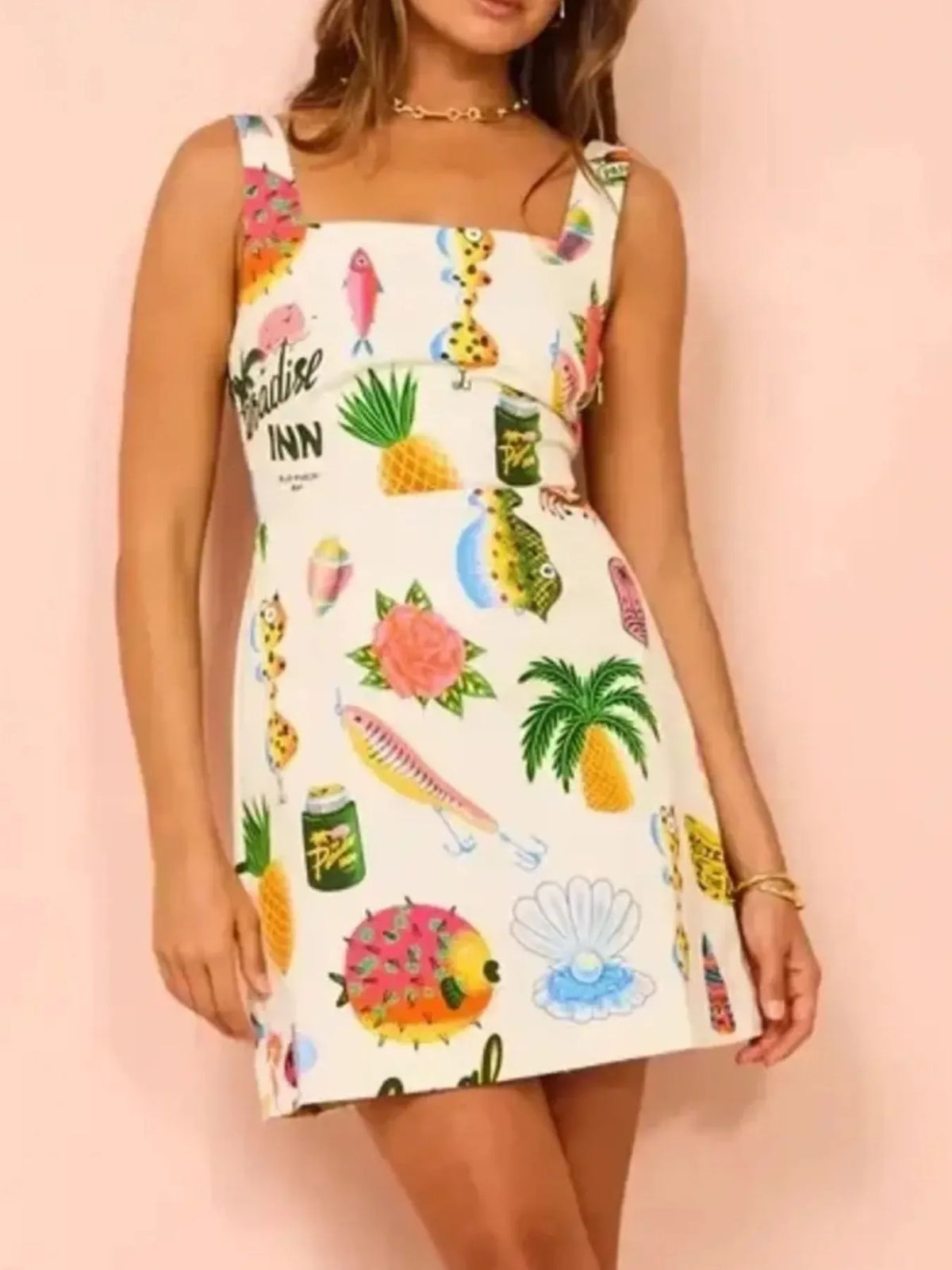 Tropical Novelty Print Square Neck Wide Strap A-Line Mini Dress 7