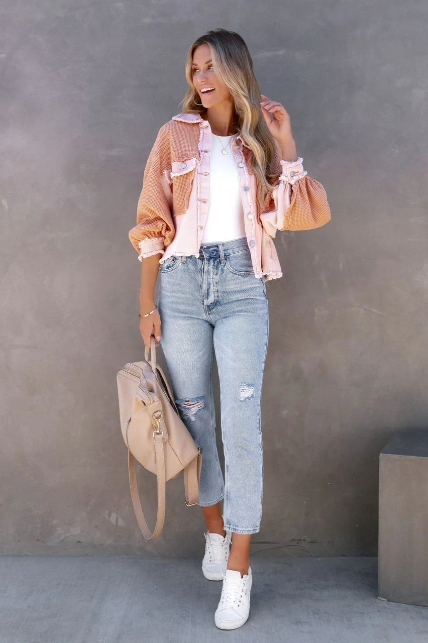 Waffle Knit Balloon Sleeve Frayed Trim Button Front Cropped Jacket 17