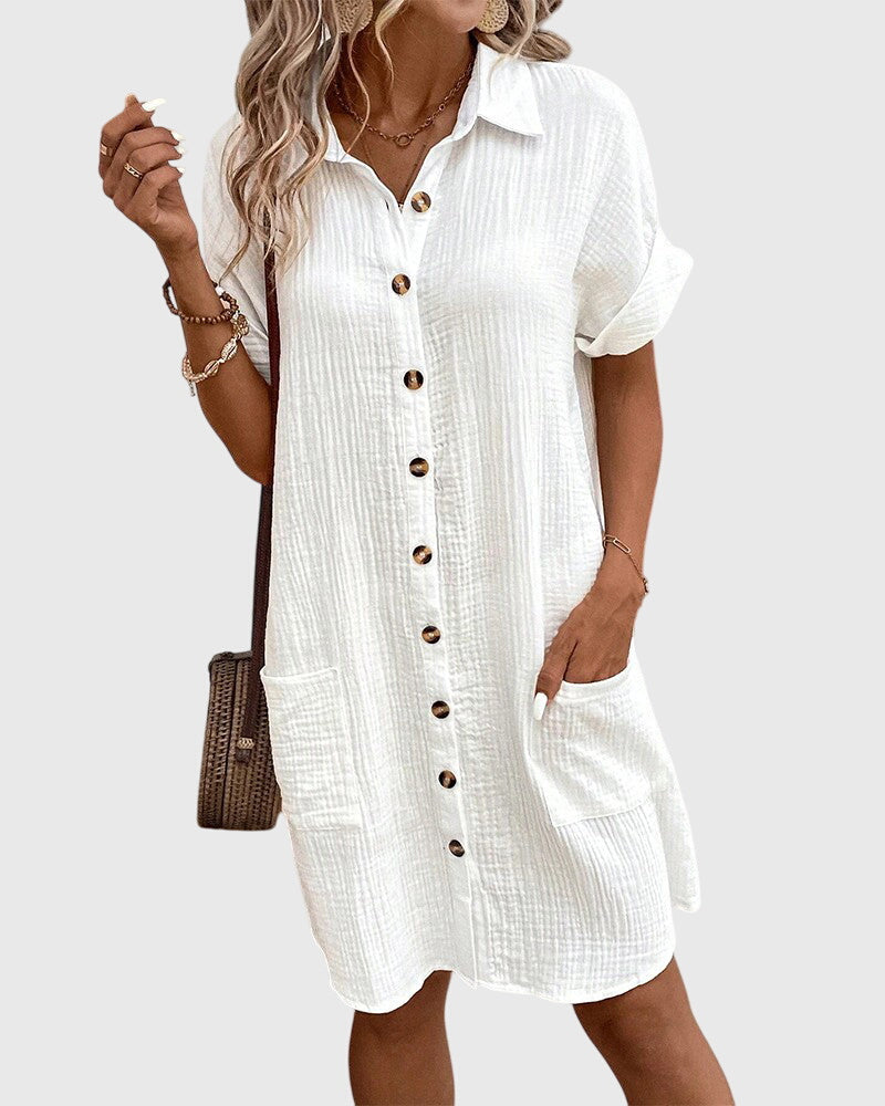 Button Front Short Sleeve Collared Pocket Shirt Dress