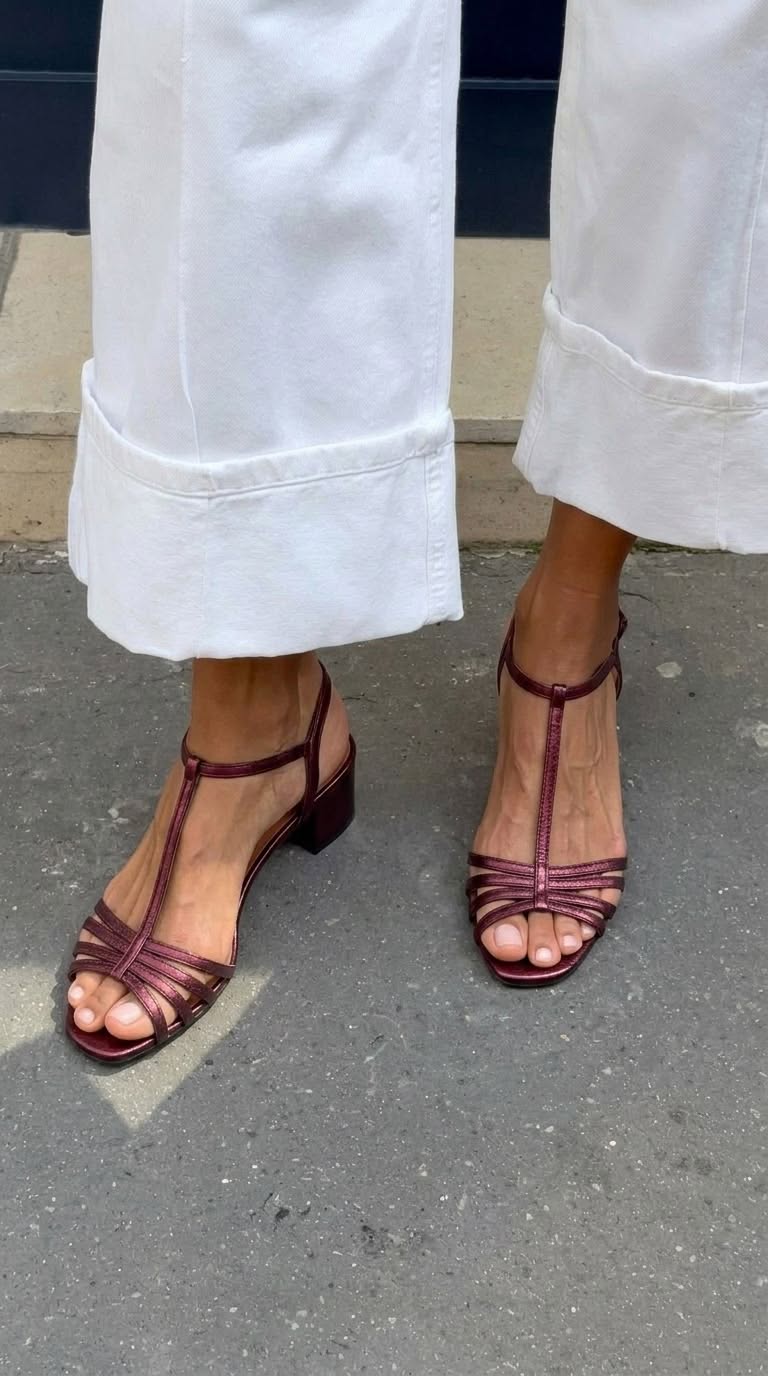 T-Strap Metallic Low Block Heel Sandals