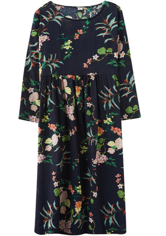 Floral Print Round Neck Long Sleeve Empire Waist Oversized Maxi Dress